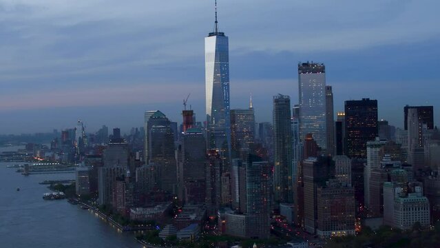 
 Aerial view of Financial District in Lower Manhattan. Cityscape and Famous Skyscrapers of New York City.  Financial District. High Quality Footage Shot from Helicopter.