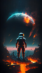 Lone astronaut observes planetary apocalypse