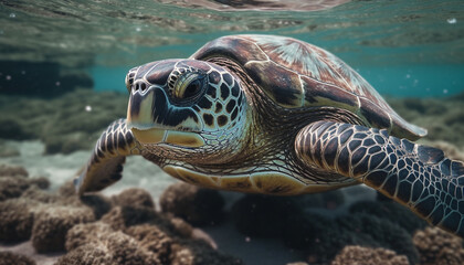 Fototapeta premium Endangered hawksbill turtle swimming in coral reef generated by AI