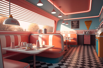 Illustration of the interior of a retro 50s restaurant. No visitors. The interior of the restaurant uses a pink and turquoise tone color theme.
