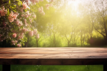 Summer garden with flowering tree and blurred background with empty wooden table with free space for product display and mockup, copy space, small depth of field, ai generated – human enhanced