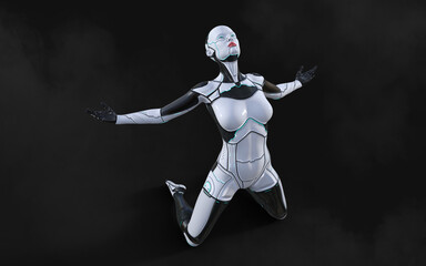 Naklejka premium 3d illustration of A woman AI cyborg pose on black background with clipping path. AI project. 