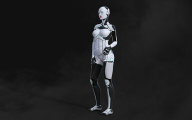 Fototapeta na wymiar 3d illustration of A woman AI cyborg pose on black background with clipping path. AI project. 