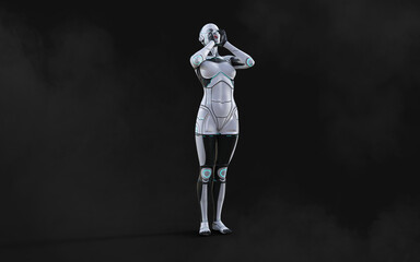 3d illustration of A woman AI cyborg pose on black background with clipping path. AI project. 