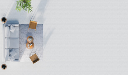 The top view is a sofa set with plants placed on a wooden floor in the living room.3d rendering.