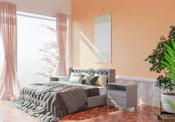 Picture frames are hung on the bedroom walls light shines through large glass doors and curtains. overlooking trees outside give a warm atmosphere. 3d rendering.