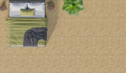 Picture of a top view of a bed with plants placed on the wooden floor in the bedroom. 3d rendering.