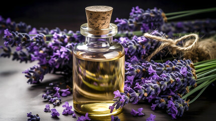 A bottle of essential oil for aromatherapy, alternative medicine or perfumery and a bouquet of fresh lavender on a wooden background. Side view, close-up. Generative AI.