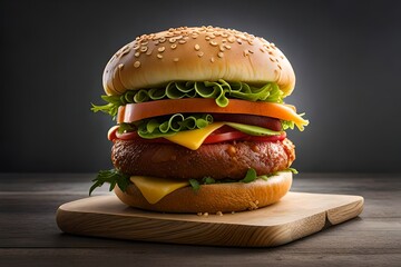 Shoot of a crispy Burger on a wooden Table and clean gray Background.