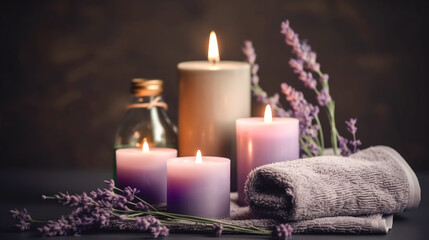 Obraz na płótnie Canvas Spa treatment set with towels, scented candles, lavender branches. Generative AI.