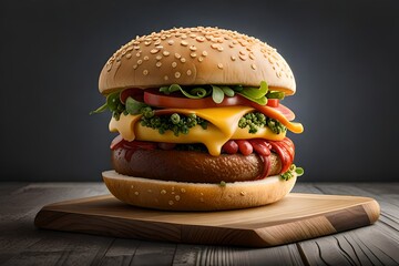 Shoot of a crispy Burger on a wooden Table and clean gray Background.