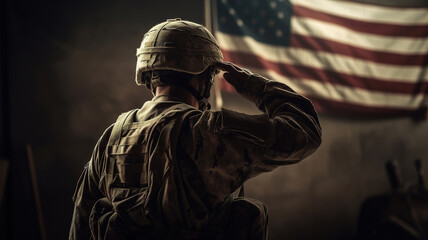 Army Soldier male saluting to American flag, Military uniform, Veterans Day, USA patriotism, Memorial Day, Independence Day concept 