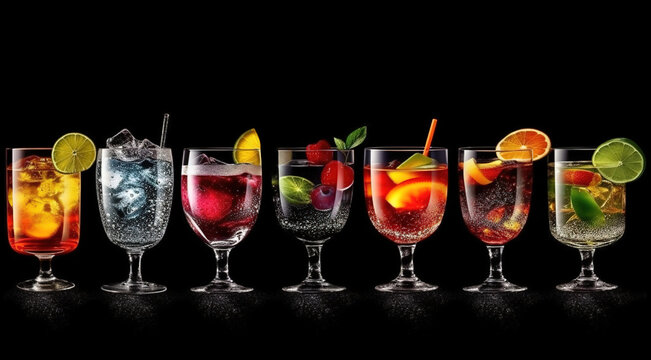 Cocktails collection assortment, classic tropical drinks set isolated on black background