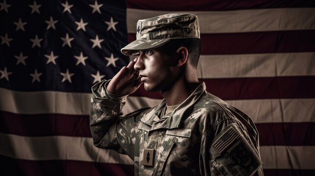 Army Soldier male saluting to American flag, Military uniform, Veterans Day, USA patriotism, Memorial Day, Independence Day concept 
