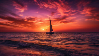 Fototapeta premium Sailboat silhouette glides on tranquil sunset waters generated by AI