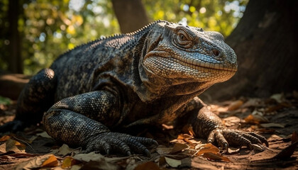 Obraz premium Large iguana resting on tree branch outdoors generated by AI