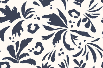 Seamless botanical pattern monochrome modern collage of doodles of various pattern shapes - flowers, dots, twigs, freehand ink sketch. Vector illustration isolated on white background.