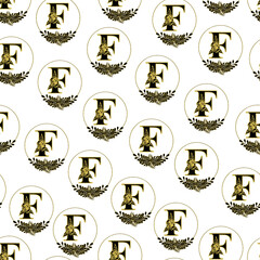 Pattern with monogram F. Repeating pattern with letter F. Seamless pattern with logo and letter F.