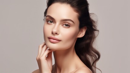 Portrait of woman, skincare and beauty cosmetics for shine, wellness or healthy glow on studio background. Happy model touching face after facial laser aesthetics, chemical peel and clean dermatology. - obrazy, fototapety, plakaty