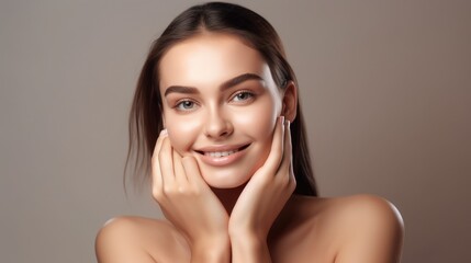 Portrait of woman, skincare and beauty cosmetics for shine, wellness or healthy glow on studio background. Happy model touching face after facial laser aesthetics, chemical peel and clean dermatology.