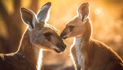Fluffy marsupials looking at camera in meadow generated by AI