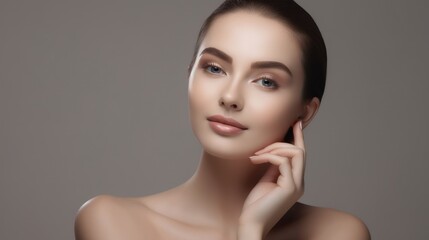 Portrait of woman, skincare and beauty cosmetics for shine, wellness or healthy glow on studio background. Happy model touching face after facial laser aesthetics, chemical peel and clean dermatology.