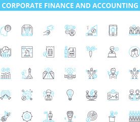 Corporate finance and accounting linear icons set. Auditing, Bookkeeping, Budgeting, Capital, Cashflow, Debt, Equity line vector and concept signs. Expenses,Forecasting,GAAP outline Generative AI