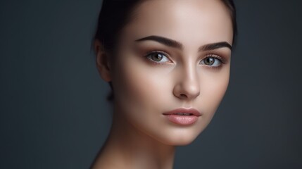 Portrait of woman, skincare and beauty cosmetics for shine, wellness or healthy glow on studio background. Happy model after facial laser aesthetics, chemical peel and clean dermatology.