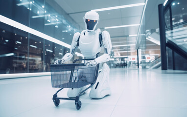 AI humanoid robot with a shopping trolley is shopping at a store. Generative AI