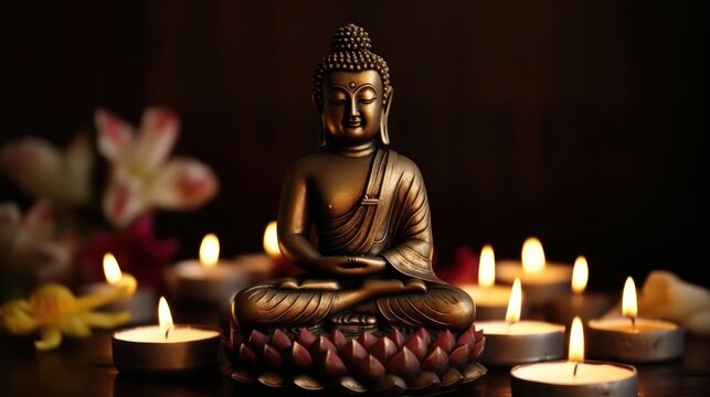Buddha Statue in Meditation with Lotus Flower and Burning Candles