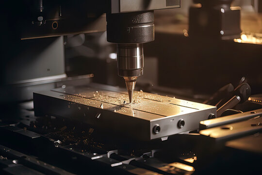 The CNC machining center is drilling holes. AI technology generated image