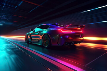 Fototapeta na wymiar A high-speed sports car driving at night. AI technology generated image