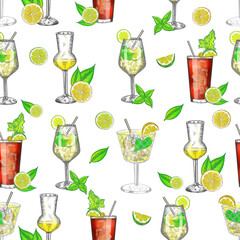 Pattern with cocktails. Repeating pattern with summer drinks. Hand drawn illustrations.