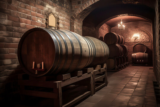 The wooden barrels and red wine in the wine cellar. AI technology generated image