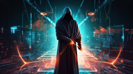 Generative AI futuristic depiction of cyber security in a virtual world, with a hooded figure in a dark cloak standing guard over a glowing network of interconnected devices