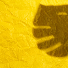 Yellow paper with the effect of crumpled paper, imitation of the sun and the shadow of an exotic leaf. Minimal summer concept.