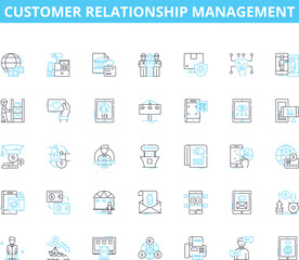 Customer relationship management linear icons set. Engagement, Retention, Loyalty, Interaction, Sales, Feedback, Personalization line vector and concept signs. Segmentation,Acquisition,Database