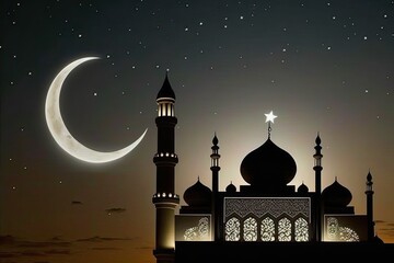A photo of a mosque with the crescent moon and star EID Generative AI 