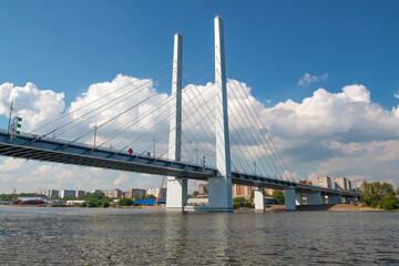 View of the Arkhangelskiy bridge from the Sheksna river on a sunny August day, Cherepovets