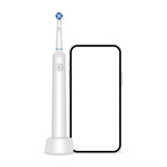 White Electric Toothbrush on Charger, Phone. Mobile Interactive Connection Concept. Vector Illustration