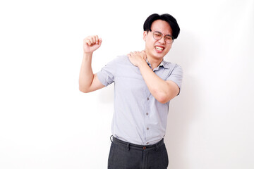 Asian man injured his shoulder. Isolated on white background