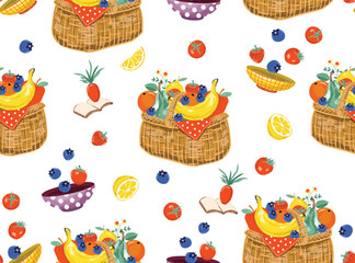 Trendy cute garden Picnic with summer Fruits Illustration , Vacation Holiday seamless pattern