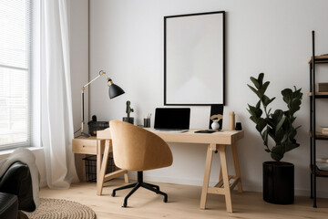 Cozy Minimalist Home Office with Poster Mockup