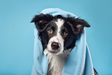a Border Collie puppy with a towel on it's head on light blue background - dog grooming, bathing concept.