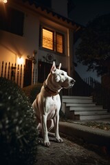  a Bull Terrier dog keeping watch in front of a home. protecting the family house.