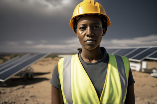 female african american engineer near solar panels, wearing helmet, created with Generative AI