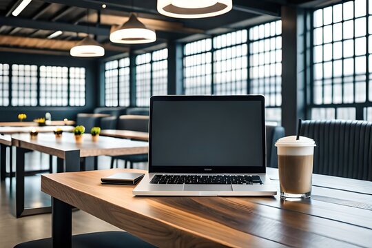 blank screen laptop in modern office, generative ai