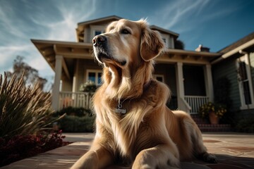 a Golden Retriever dog keeping watch in front of a family home. protecting the house. 