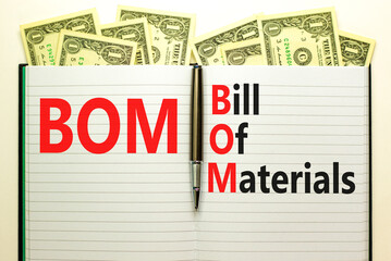 BOM bill of materials symbol. Concept words BOM bill of materials on beautiful white note. Dollar bills. Beautiful white table white background. Business and BOM bill of materials concept. Copy space.
