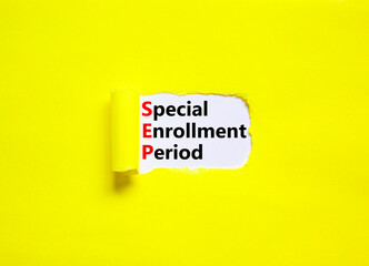 SEP symbol. Concept words SEP Special enrollment period on beautiful white paper. Beautiful yellow...